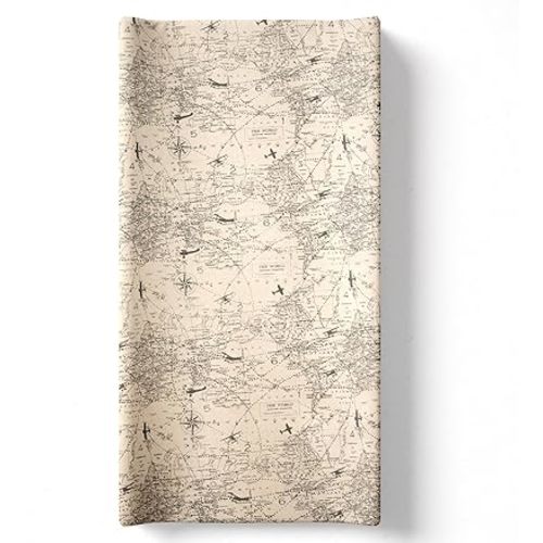 Cotton Cream Map Adventure Diaper Changing Pad Cover, Vintage Explorer Airplane Design, Soft Infant Changing Pad Cover, Fits Standard Changing Pads, Machine Washable, Gender Neutral