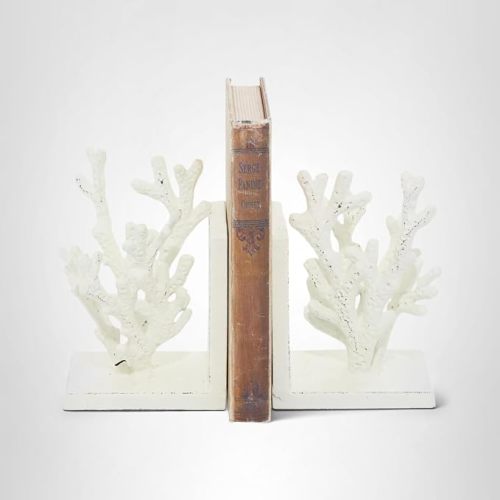 Deco 79 Metal Coral Decorative Bookends Non Skid Bookends, Set of 2 Office Bookends5"W, 7"H, White