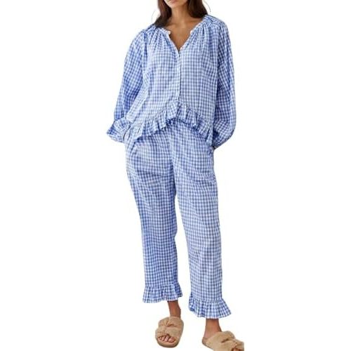 Gihuo Womens Gingham Pajama Sets Plaid Cotton Pjs Ruffle Babydoll Shirt and Pants 2 Piece Lounge Set