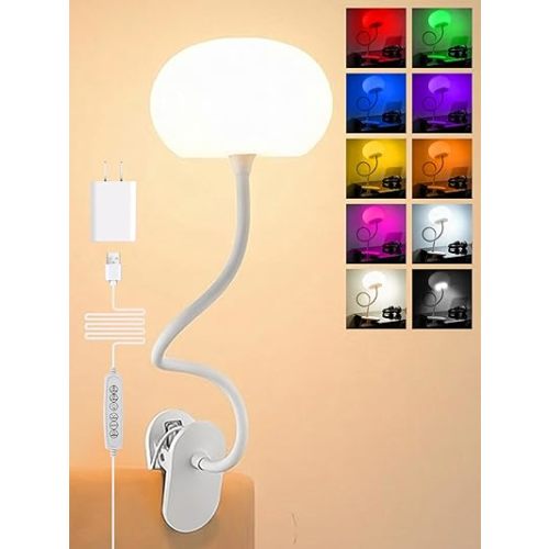 Clip on Light,10 Colors RGB & Warm White Cute Desk Lamp with Clamp, 10 Brightness Dimmable Night Light for Kids/Toddler/Baby, USB Adapter Clip on Lamp for Bedroom/Bed/Headboard/Bedside/Nursery