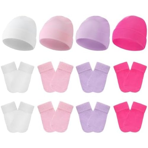 Hercicy 4 Pack Preemie Hat and Mitten Socks Set Cotton Preemie Beanie No Scratch Baby Mitten Nicu Hospital Hat for Boy Girl