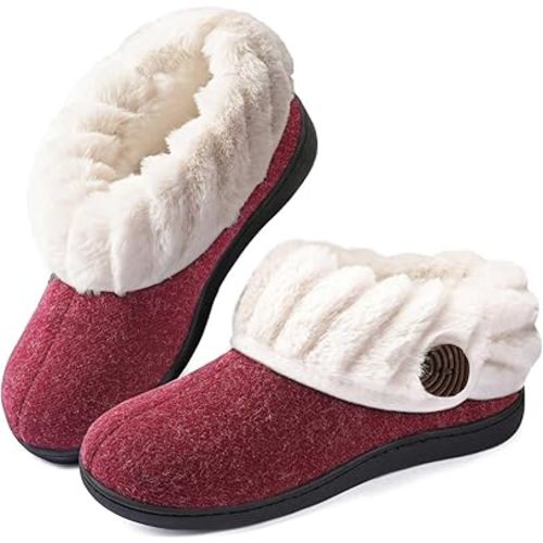 Wishcotton Women's Wool Cozy Memory Foam Winter Slippers Indoor Outdoor with Fuzzy Faux Fur Collar