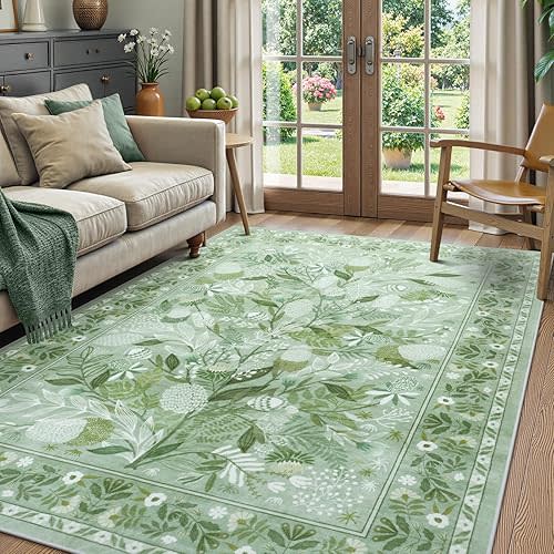 Anidaroel Sage Green Botanical Washable Rugs 5x7, Non-Slip Large Area Rug for Living Room, Soft Modern Rugs for Bedroom Aesthetic, Stain Resistant Dining Room Mat Carpet for Dorm Playroom