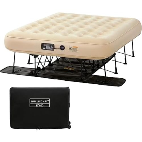 Simpli Comfy Queen EZ Bed Self-Inflating Air Mattress with Built-in Frame, Pump and Wheeled Case, Blow Up Inflatable Rolling Air Bed on Wheels