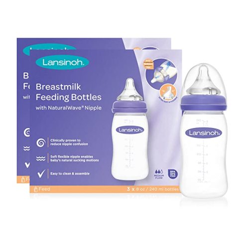 Lansinoh Baby Bottles for Breastfeeding Babies, 8 Ounces, 6 Count, Includes 6 Medium Flow Nipples (Size 3M) - 8 Ounce, 6 Count