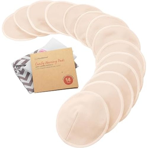 Organic Nursing Pads, 14 Washable Breast Pads,Wash Bag (Bare Beige, L 5")