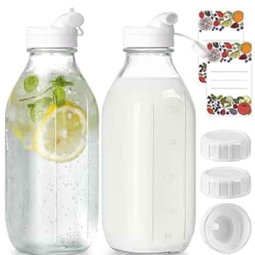 2 Pack Glass Milk Bottle with 2 Dispenser Caps, 100% Airtight Heavy Duty Screw Lid. 32 Oz Reusable Glass Water Jug with 3 Lids! Breast Milk Pitcher, Buttermilk, Nut, Juice, Syrup, Coffee Creamer