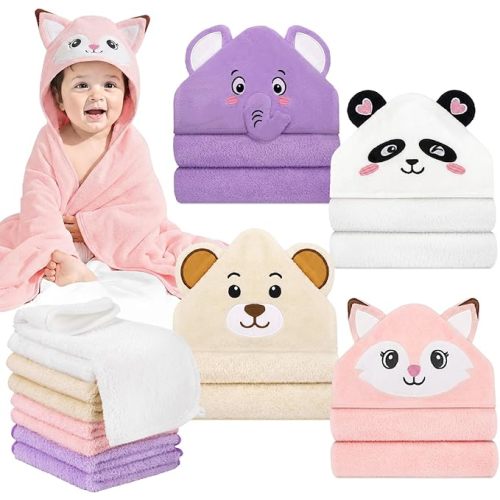 12 PCS Baby Bath Towels Set for Infants Toddlers, 4 PCS Animal Hooded Baby Towels & 8 PCS Washcloths Set, Ultra Absorbent Newborn Bath Essentials Gifts for Boys & Girls