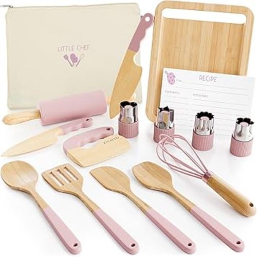 Wooden Cooking & Baking Set for Kids - Safe & Real Kitchen Tools Give Toddlers a Fun Cooking Experience - Durable Utensils are Perfect for Gifting to Create Lasting Family Memories