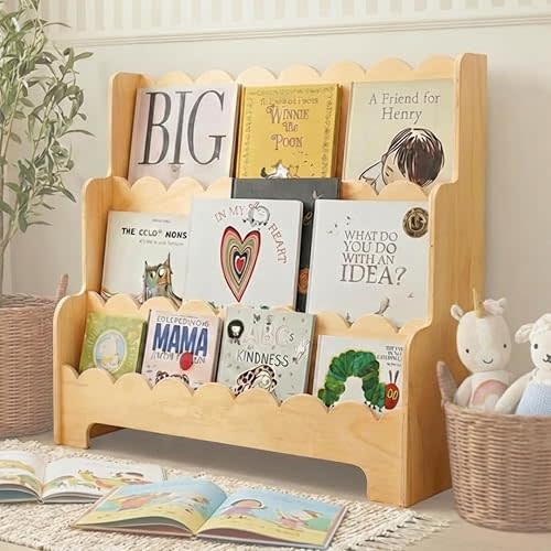 CAALMA Premium Scalloped Bookshelf for Nursery & Kids Bedroom - 29.5x27.5 in - 3-Tier Wooden Montessori Bookshelf - Kids Bookcase for Nursery, Playroom or Classroom, Minimalist Toddler Book Shelf