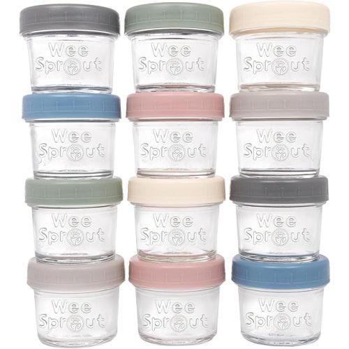 WeeSprout Glass Baby Food Storage Jars w/ Lids (4/8 oz, 12 Pack Set) Snack, Reusable Small Containers, Breast Milk, Fridge, Freezer, Microwave & Dishwasher Safe, Essential Must Have for Infants
