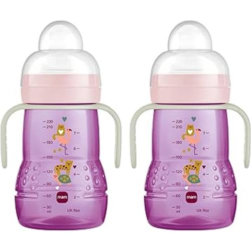 MAM Plastic Trainer Cup, Trainer Drinking Cup with Extra-Soft Spout, Spill-Free Nipple, and Non-Slip Handles, for Girls 4+ Months, Eight Ounces