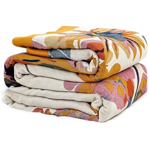 Boho Throw Blanket 100% Cotton Ultra Soft Bed Throw Large Fall Blanket Floral Bird and Butterfly Farmhouse Decor Bed Blankets,60"×80" All Season Blankets for Sofa Couch Chair