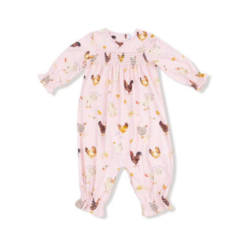 Smocked Romper, Collector Chickens Pink