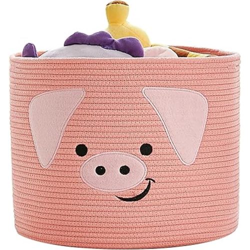 VK VK·LIVING Animal Baskets Large Woven Cotton Rope Storage with Cute Pig Design and Handles, Laundry Organizer for Towels, Blanket, Toys, Clothes, Gifts, Toy Box, Gift for Pet or Baby 15"D x 14"H