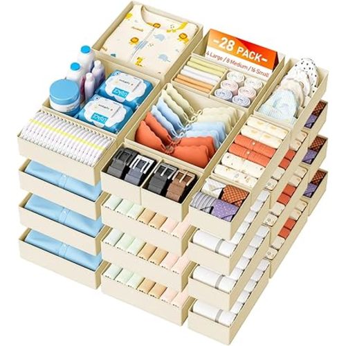 DIMJ Drawer Organizer Clothes 28 Pack - Foldable Baby Organizers and Storage & Closet Organizers for Bedroom, Closet - Nursery Organization Dresser Dividers for underwear, Sock,Bra, Belt, Tie,Beige