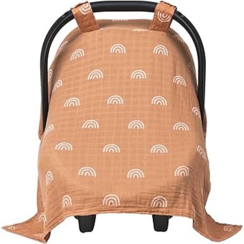 Meracorallo Muslin Baby Car Seat Cover, Boho Rainbow Infant Carrier Cover Lightweight Breathable Soft Carseat Canopy for Baby Boys and Girls