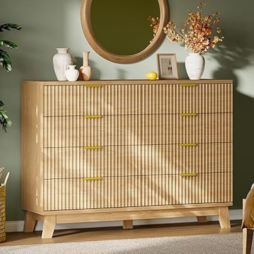 Fluted Dresser with 8 Drawers, 54" Wide Modern Chest of Drawers with Metal Handle, Wooden Dresser TV Stand, Wood Closet Clothes Storage Organizer for Bedroom, Living Room, Hallway, Natural Oak