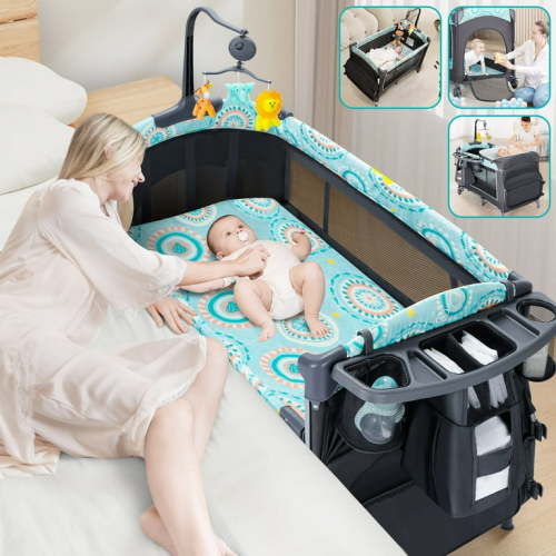 EVMORE Foldable Baby Bedside Bassinet, 5-in-1 Baby Bed Playard with Changing Table, Storage Shelf, Music for Newborn Toddlers, 0-36 Months