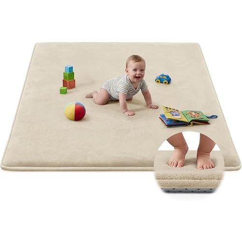 Baby Play Mat for Floor,Ultra Thick Elastic Foam 47"x47" Playmat Tummy Time Muscle Crawling Exercise Activity Cushion Gym Mat Nursery Playroom Area Kids Rug for Babies, Toddlers,Infants,Beige