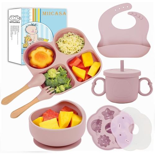 Silicone Baby Feeding Set, Baby Led Weaning Supplies, Baby Food Tableware Silicone Suction Plate, Bowl, Spoons, Fork, Waterproof Bib, Cup & Complementary Food Cake Mold, Baby Eating Utensils