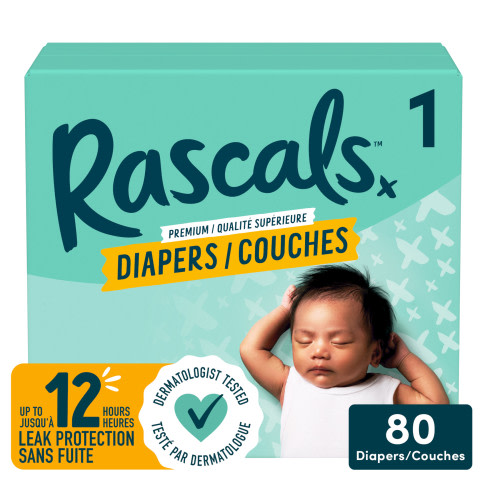 Rascals Premium Absorbent Baby Diapers, Size 1, Small Carton, 80 Count - Walmart.ca