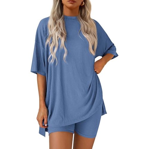 PRETTYGARDEN Women 2 Piece Lounge Set 2026 Summer Casual Oversized Shirts Biker Shorts Matching Airport Travel Outfit Clothes