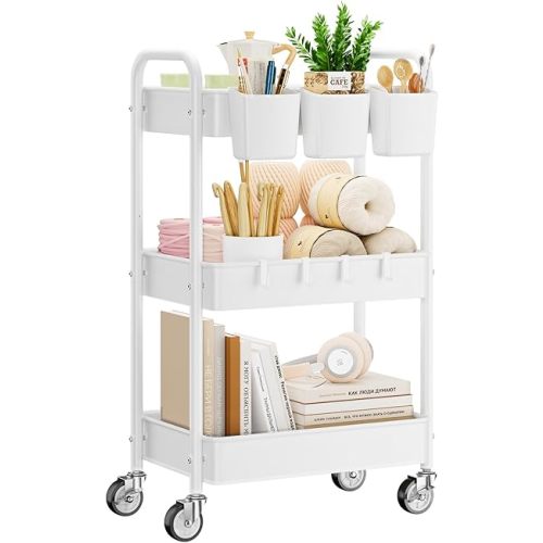 YASONIC Metal 3 Tier Rolling Cart - Heavy Duty Utility Cart with Lockable Wheels, Hanging Cups, Hooks, Mesh Rolling Storage Cart Craft Cart Organizer, Lightweight and Sturdy, White