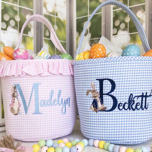 Personalized Peter Rabbit Embroidered Nursery Storage Basket • New Baby Gift Basket • Pink, Blue, Purple, Green Gingham Easter Bunny Bucket