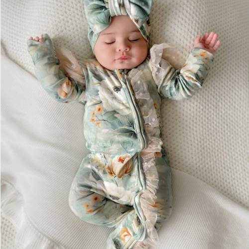 Baby Jumpsuit - Flower Story Zip Onesie - Sage Green – Before & Ever