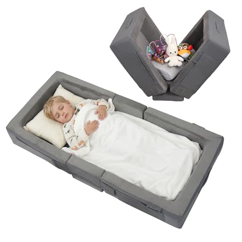 ENITYA Portable Toddler Travel Bed with Soft Foam Safety Rails | Foldable Floor Bed for Kids Ages 25 Months to 48 Months, No Assembly, Washable Cover,Compact for Travel & Home Use,Grey