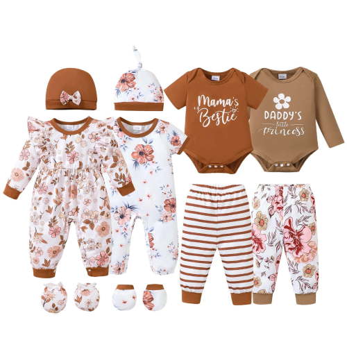 KIMI BEAR Newborn Baby Girl Layette Set 0-3 Months Shower Gift Sets 4 Packs Romper Pants Sets Long Sleeves Short Sleeves Bodysuit with Hat Headband Gloves 10pcs Clothing Brown