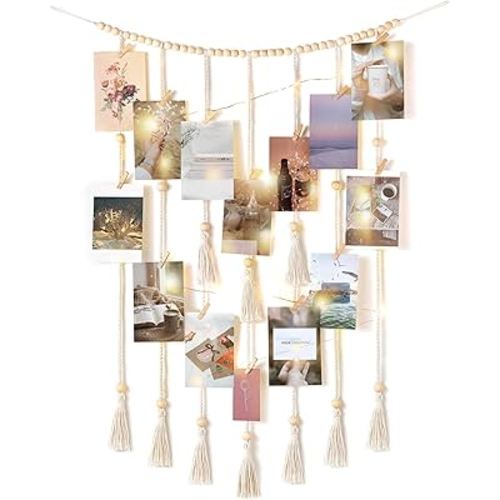 Mkono Macrame Hanging Photo Display Wall Decor with String Lights Boho Room Bedroom Wooden Beads Garland Picture Greeting Cards Holder with 30 Clips