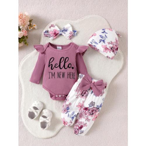 2pcs Newborn Baby Cute Print Long Sleeve Romper + Pants With Hat & Headband Set, Lightweight For Spring/Autumn | SHEIN USA