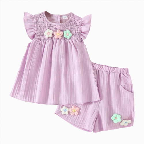 TOWED22 Toddler Baby Girl Summer Clothes Ruffle Sleeve Cartoon T Shirt Linen Short Sets with Belt Cute Outfits(Blazer,12-18 M)