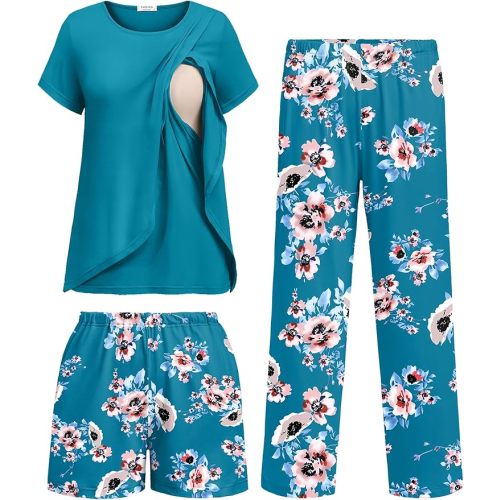 Ekouaer 3 PCS Maternity Nursing Pajamas Set Postpartum Breastfeeding Short Sleeve Shirts, Pregnancy Shorts & Pants Pjs S-XXL