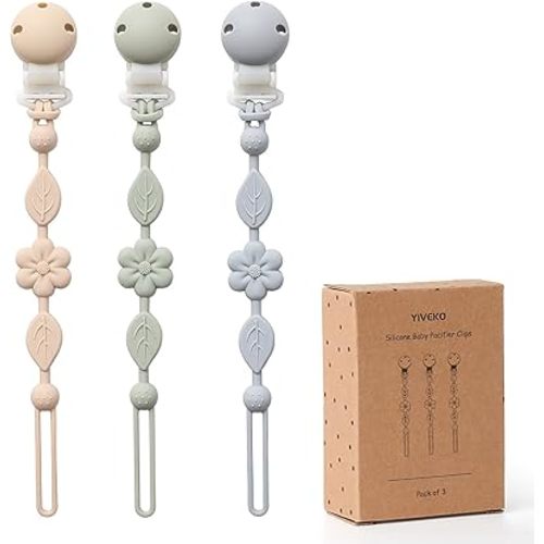 Pacifier Clips for Baby Silicone Pacifier Holder Clips for Boys Girls One Piece Baby Binky Clips YIVEKO Pacifier Clips Flower 3Pcs-Ivory+Sage+Baby Blue