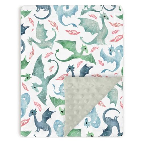 Blue Green Baby Blankets for Boys 30" x 40", Soft Double Layer Minky Blanket with Dotted Fleece Back, Nursery Bed Receiving Quilt Newborn Infant Toddler Shower Gift Whimsical Dragons Theme
