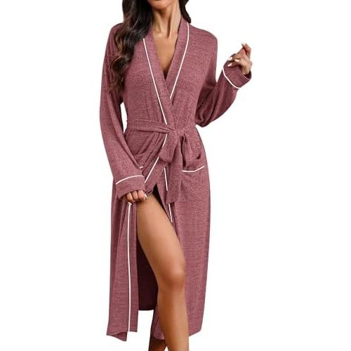 Ekouaer Womens Robe Long Bathrobe Lightweight Soft Knit Kimono Robes Ladies Casual Sleepwear S-3XL