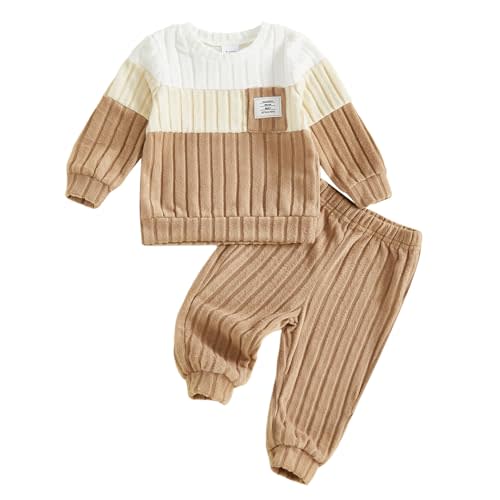 ZAXARRA Baby Boy Outfits Waffle Striped Baby Sweatshirt Tops Elastic Long Pants Set Toddler Boys Girls Fall Clothes