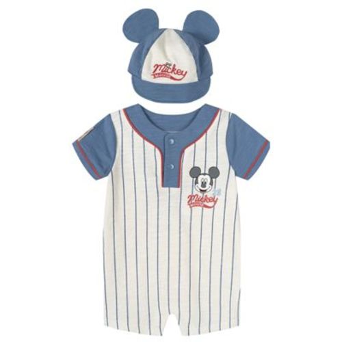 Disney Mickey Mouse Infant Baby Boys French Terry Henley Romper and Baseball Hat Outfit Set White / Blue 18 Months