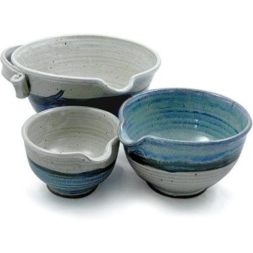 Stoneware Pottery Batter Bowls, 3-Piece Nesting Set, French Blue Glaze
