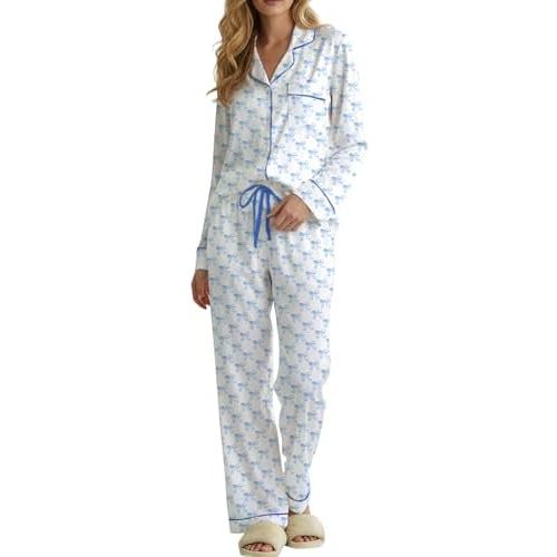 Womens 2 Piece Cute Pajama Sets Bow Button Long Sleeve Pjs Wide Leg Pants with Pocket Casual Loungewear