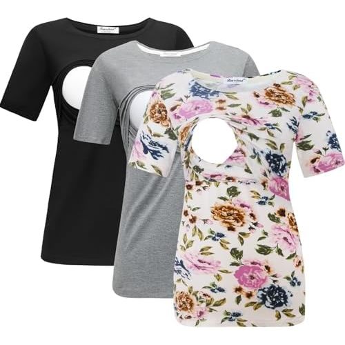 Bearsland Women's 3 Packs Maternity Nursing Tops Short Sleeve Breastfeeding Shirts