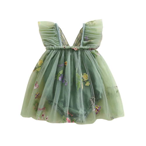 Suealasg Baby Girls Romper Dress 1 3 6 9 12 18 Months Infant Girls Sleeveless Square Neck Mesh Flower Butterfly Embroidery Romper Dress Newborn Girls Princess Photo Shoot Outfits