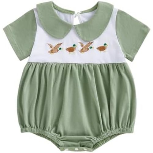Newborn Baby Boy Hunting Outfit Mallard Duck Short Sleeve Collared Romper One Piece Smocked Bubble Bodysuit