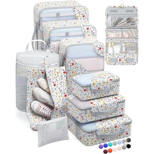 ALL INCLUDED 10 Set Durable Packing Cubes for Suitcases,OlarHike Essentials for Travel,UPGRADED Anti-Tear Stitching, NEW Improved Luggage Packing Organizers for Travel Accessories (Flower)