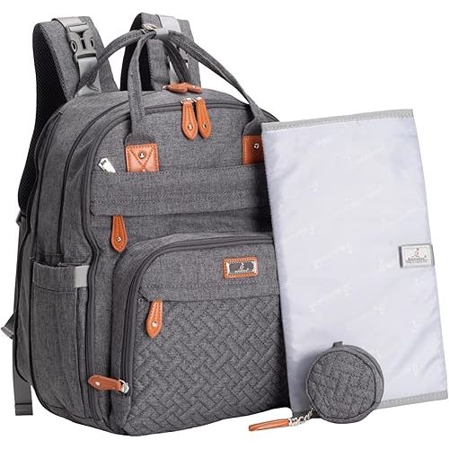 BabbleRoo Extra Large Diaper Bag Backpack, Expandable Baby Bag with Up to 50% More Capacity - Travel Essentials Baby Bag Tote with Changing Pad, Stroller Straps & Pacifier Case - Unisex, Dark Gray