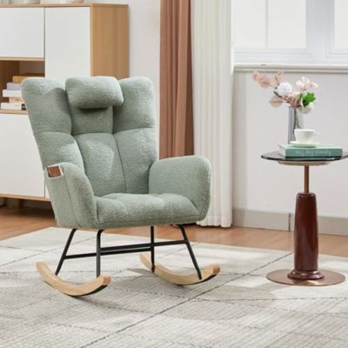 Teddy Fabric Nursery Glider Rocking Chair - High Backrest Padded Armchair with Ergonomic Support, Upholstered Rocker for Nursery - Green