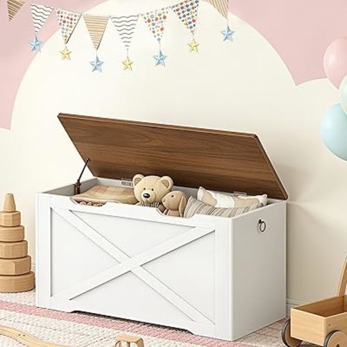Toy Chest, 31.5" Storage Chest with Metal Hinge and Pull Handles, Wooden Storage Bench, Toy Box for Living Room, Bedroom, Entrance, Walnut and White